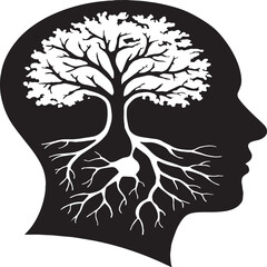 Silhouette of a human head in profile containing a tree with branching roots and a neuron-like structure, symbolizing intellectual growth, the organic nature of thought, and the connection between nat
