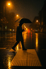 Person walking with umbrella across wet street at night under rain. Urban loneliness, autumn mood and city lights