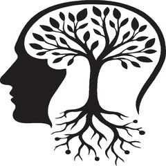 Silhouette of a human head in profile containing a tree with branching roots and leafy canopy, symbolizing intellectual growth, mental development, and the organic nature of thought in a striking blac