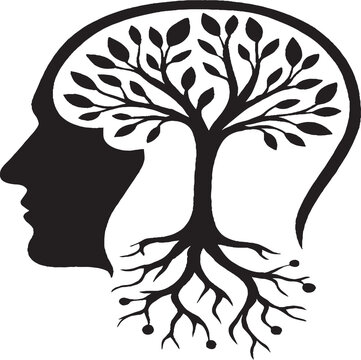 Silhouette of a human head in profile containing a tree with branching roots and leafy canopy, symbolizing intellectual growth, mental development, and the organic nature of thought in a striking blac