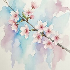 Delicate watercolor painting of cherry blossom branch with soft pink petals on blue and mauve abstract background.