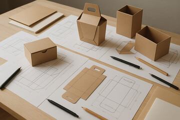 Packaging concept development with carton box prototypes and technical structural design layouts for creative branding project
