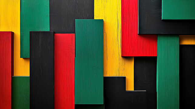 Abstract background of interlocking painted wooden planks in Pan-African colors of red, green, black, yellow. Black History, Kwanzaa
