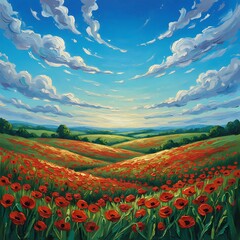 Vibrant oil painting of rolling green hills with red poppies under blue sky, impressionistic style, thick texture.