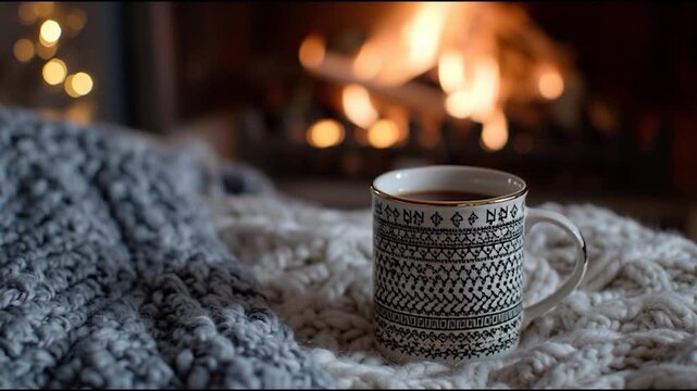 A cozy scene featuring a patterned mug filled with beverage on a knitted blanket, with a warm fireplace in the background.
