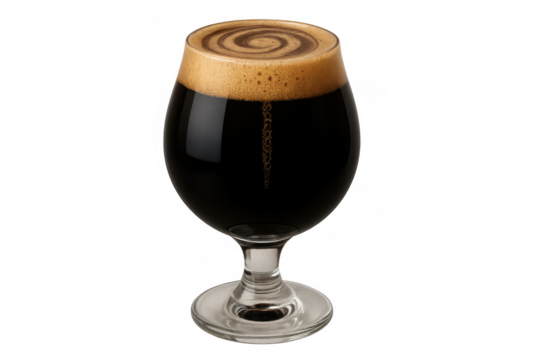 Dark stout beer pouring into a snifter glass, creating a rich foam head with a decorative swirl, transparent background