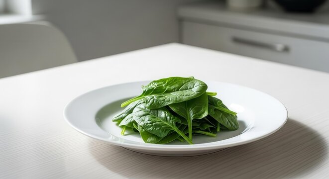 Fresh Spinach Leaves on White Plate Against a Brightly Lit Kitchen Surface