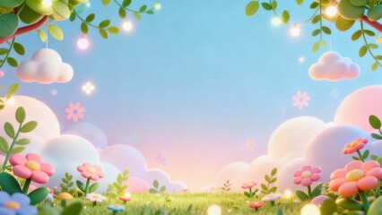 Obraz premium Whimsical, stylized garden scene features soft pastel colors under a bright sky