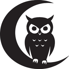 Silhouette of an owl perched on a crescent moon, symbolizing wisdom, mystery, and nighttime serenity in a balanced and striking black and white composition.