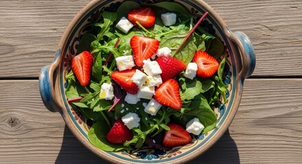 Fresh Strawberry And Feta Salad In Decorated Bowl On Rustic Wooden Surface