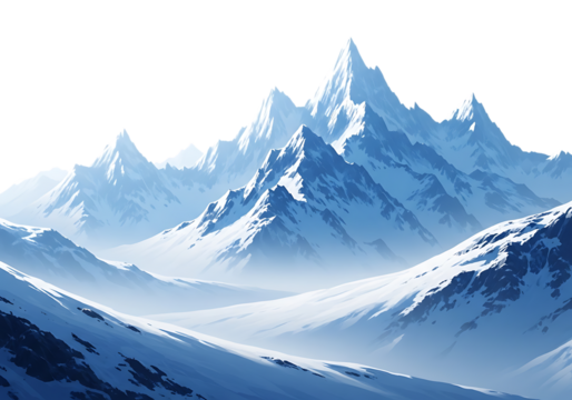 Majestic snow capped mountain range with sharp peaks and valleys in a cold winter landscape isolated on transparent background