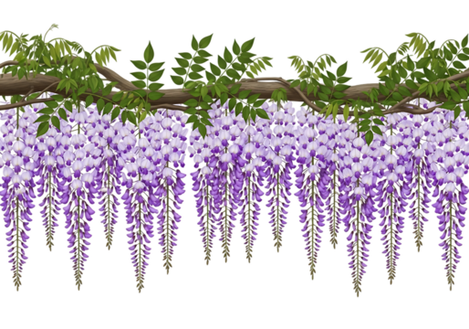 Cascading purple wisteria flowers hanging from a branch with green leaves isolated on transparent background