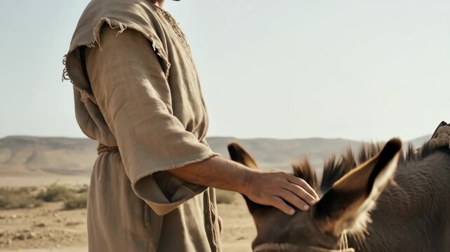 Man in ancient robe petting donkey in desert landscape, showing care and companionship in biblical times footage.