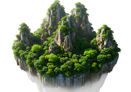 Surreal floating island mountain landscape with lush green trees and vegetation isolated on transparent background - Powered by Adobe