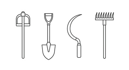 Simple line drawing illustration of various gardening tools arranged in a row