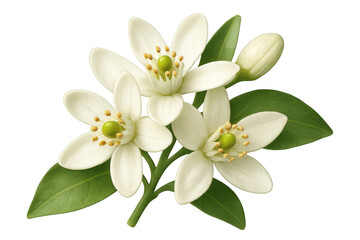 Obraz premium Orange blossom branch showing white citrus flowers, green leaves, and unopened bud on transparent background
