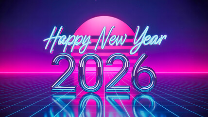 Retro Futuristic Happy New Year 2026 Celebration Graphic Template Design