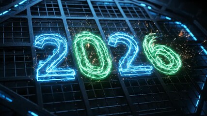 Year two zero twenty six glowing neon numbers on dark metal grid background futuristic technology concept - Powered by Adobe