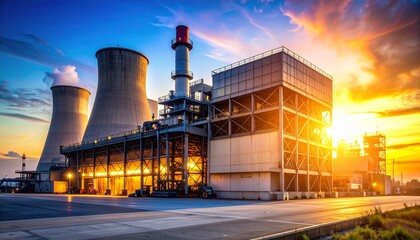 Obraz premium Industrial Plant Exterior at Dusk With Layered Silhouettes