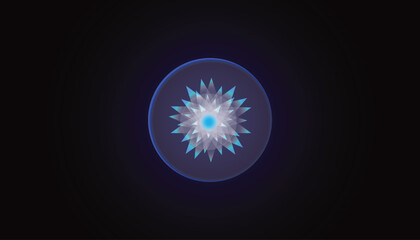 PrintNeon blue geometric star in glowing orb on dark background; futuristic holographic emblem with halo, abstract tech UI HUD banner