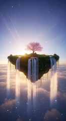A surreal landscape featuring a floating island with a pink tree and cascading waterfalls amidst a colorful sky and clouds.