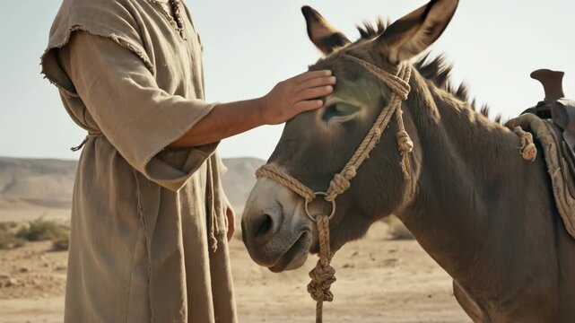 Man in ancient robe caressing a desert donkey in a biblical landscape, depicting a gentle moment of companionship, footage.