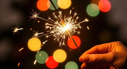 Celebratory Sparkler held against a bokeh background with festive New Year's spirit