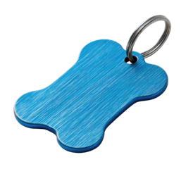 Blue bone-shaped pet tag with a metal ring