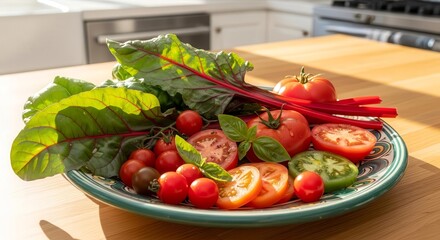 Fresh Vegetables Displayed On a Decorative Plate in a Kitchen Setting At Daylight