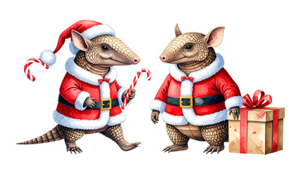 Festive armadillo wearing Santa costume dual variation set isolated on transparent background