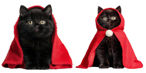 Two black cats wearing red hooded cloaks isolated on transparent background