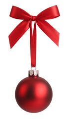 Red christmas ball ornament with bow hanging isolated on transparent background
