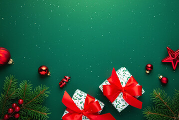 Merry Christmas and Happy Holidays greeting card, frame, banner. New Year. Red Christmas ornaments...