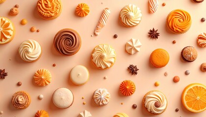 Assorted orange and cream pastries on peach background