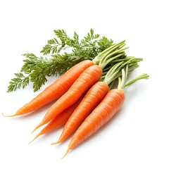 Fresh, vibrant carrots with lush green tops. The image features a bundle of carrots, displaying their bright orange color and fresh green leaves, perfect for illustrating healthy eating or farming