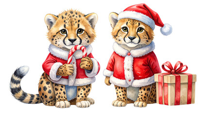 Festive cheetah wearing Santa costume dual variation set isolated on transparent background