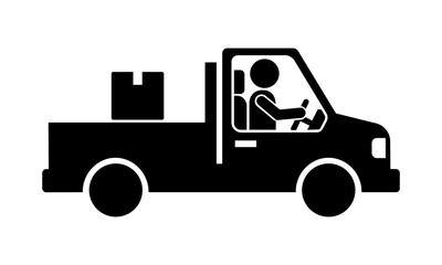 Stickman driving pickup truck carrying delivery box.