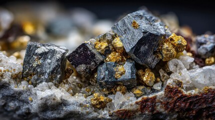 A detailed shot of rare earth element Ytterbium in its natural mineral form, showing metallic-gray chunks with yellowish tint from surface oxidation