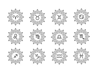 Collection of zodiac signs in line art style on white background.