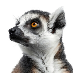 Obraz premium Close up shot of a ring tailed lemur with striking orange eyes looking off to the side on black background