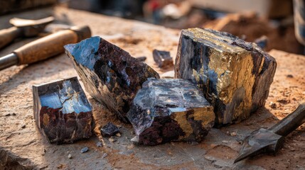 Macro photography of raw Ytterbium ore extraction, showcasing dark lustrous metallic chunks of ytterbium embedded in granite rock matrix