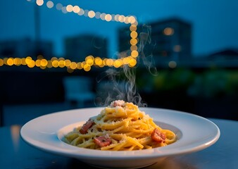 Steaming Carbonara under Evening Lights - Realistic Food Photography