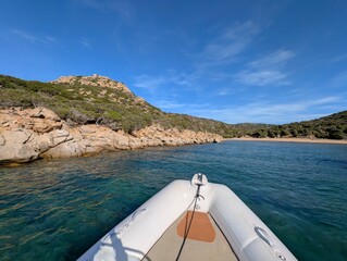a motorboat in a bay with a rocky coastline, clear blue water sunshine and blue skies
