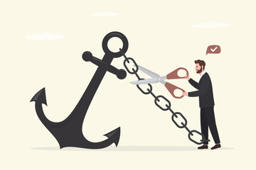 Confident businessman using scissors to cut chain tie himself with big heavy anchor. Freedom, relief or escape from bad habit,