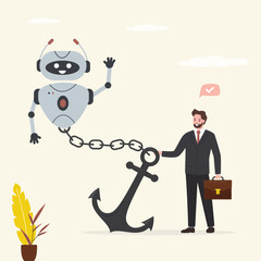 Robot chained to huge anchor. Ban or control robots, fear of future. Stop industrial robots, ban mechanical bot, chatbot. Protection from fast development of technology