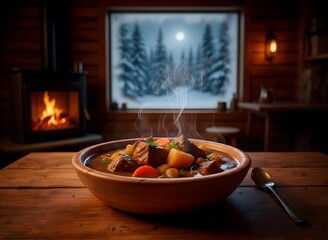 Hearty Stew in a Warm Cabin on a Snowy Winter Night