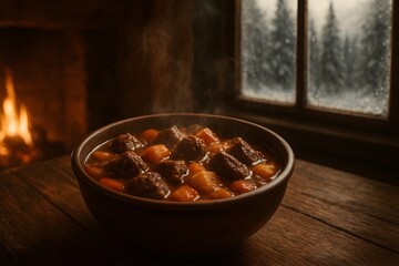 Cozy Winter Stew by the Fireplace - Realistic Food Photography