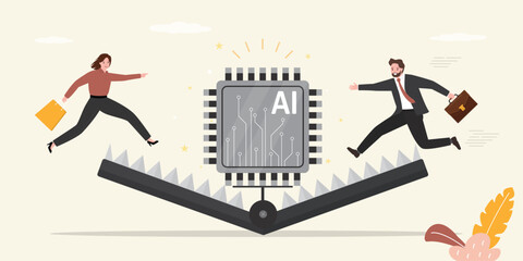 Caught in technologies trap. AI chip in animal trap. Business man and woman catching neural network or AI chat bot. Technology bait, customers want innovations,
