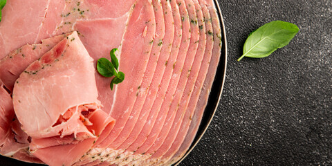 Ham spam pork prosciutto cotto natural product tasty snack fresh delicious gourmet food background...