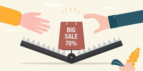 Caught in shopping trap. Shopping bag in animal trap. Big sale, marketing, advertising campaign. Human hands catching bag. Business bait,